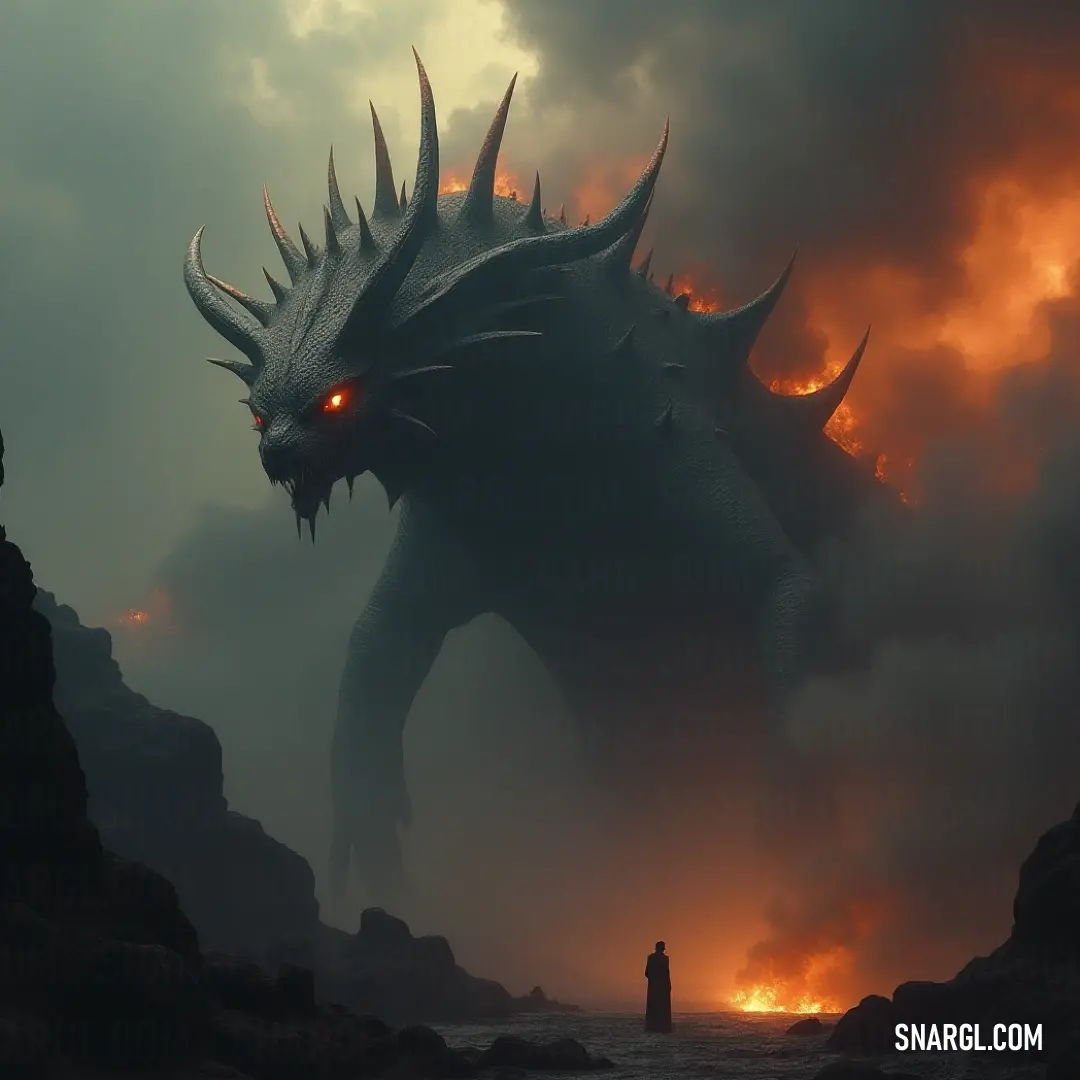 A colossal Godzilla towers in a rocky landscape, while a distant Leviathan Specter stands defiantly, creating a surreal battle of titans against the backdrop of an epic sky.