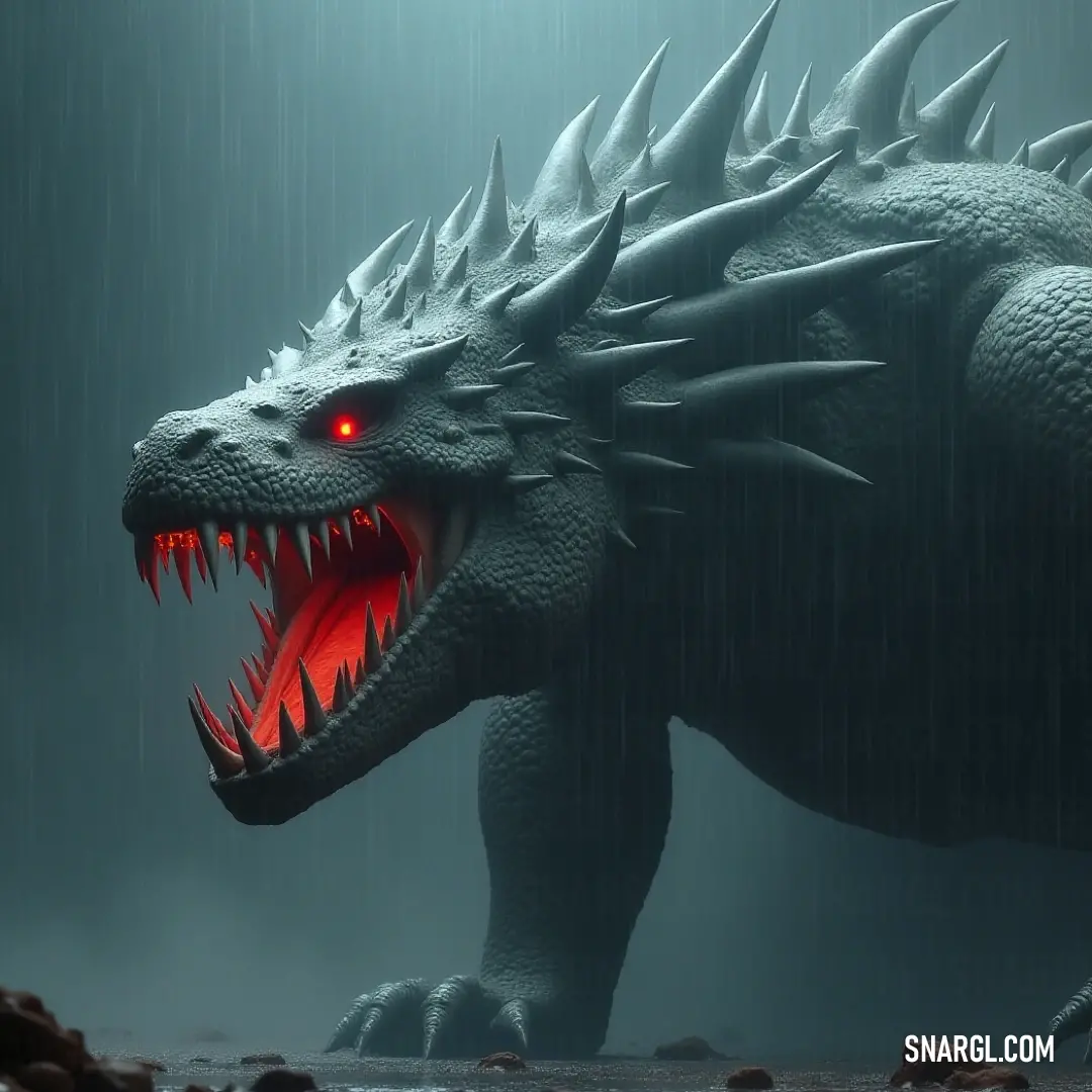 A majestic Godzilla with a fearsome open mouth and glowing red eyes, dominating a rain-soaked landscape. A colossal Godzilla towers above, roaring defiantly with its mouth wide open, its glowing red eyes piercing through sheets of torrential rain, evoking a sense of awe and terror in equal measure against a stormy backdrop.