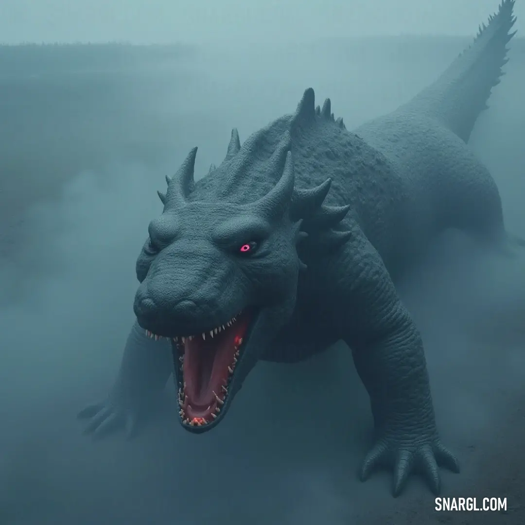 Intimidating Black Leviathan Vanguard with Open Mouth in a Foggy Sky A formidable black Leviathan Vanguard with its mouth agape and teeth bared, rises ominously against a backdrop of foggy skies accented by an eerie red light, instilling fear and awe.