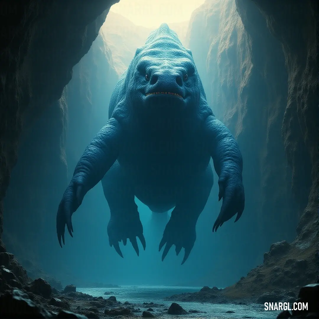 Leviathan Watcher, eyes open and mouth agape, swims through the dark, ominous cave, its presence commanding silence and awe. A large Leviathan Watcher swims through a dark cave, eyes wide and mouth open in a silent, threatening roar. The eerie atmosphere of the cave heightens the creature’s intimidating presence, adding to the mystery of its existence.