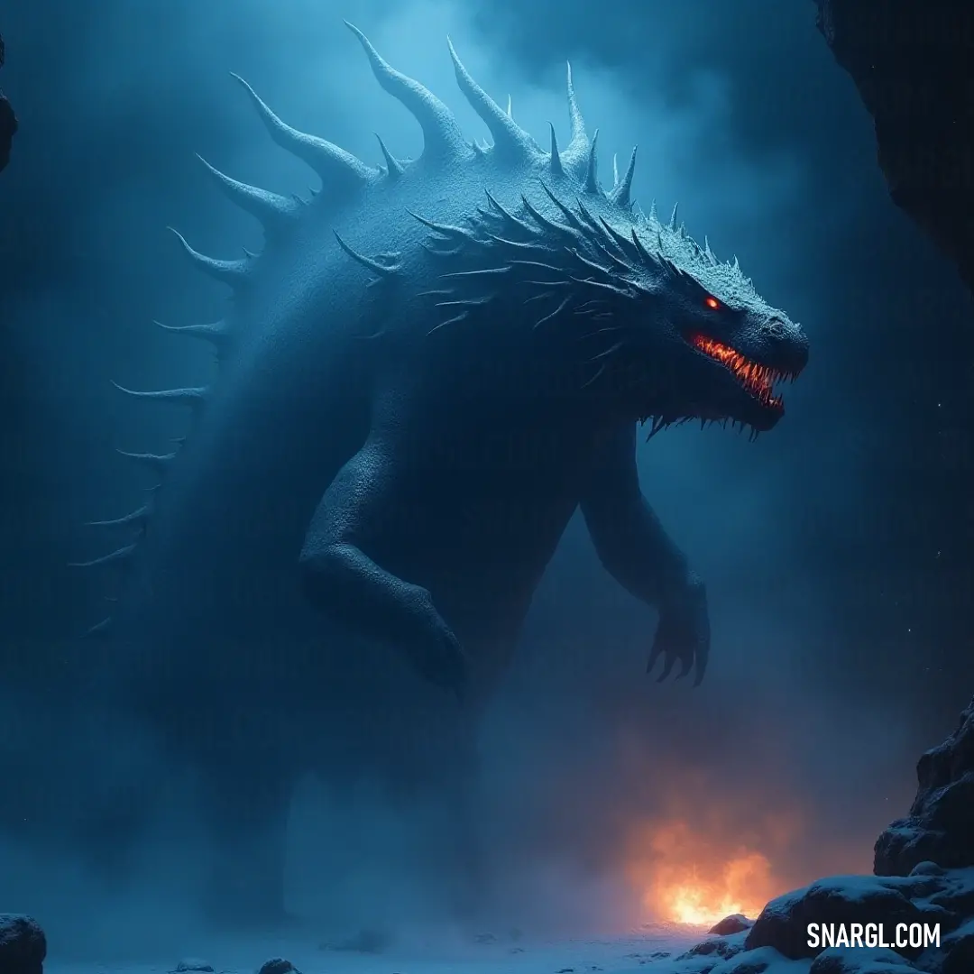 Godzilla stands within the shadowy confines of a cave, its menacing presence highlighted by a glowing light emanating from its mouth. The atmosphere is thick with suspense and intrigue as darkness looms around it.