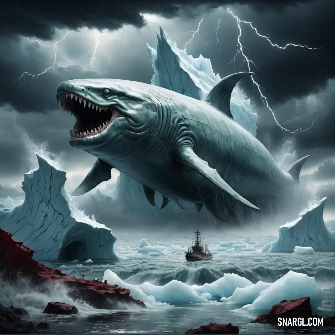 Shark with its mouth open and a ship in the background with a lightning storm in the sky above it