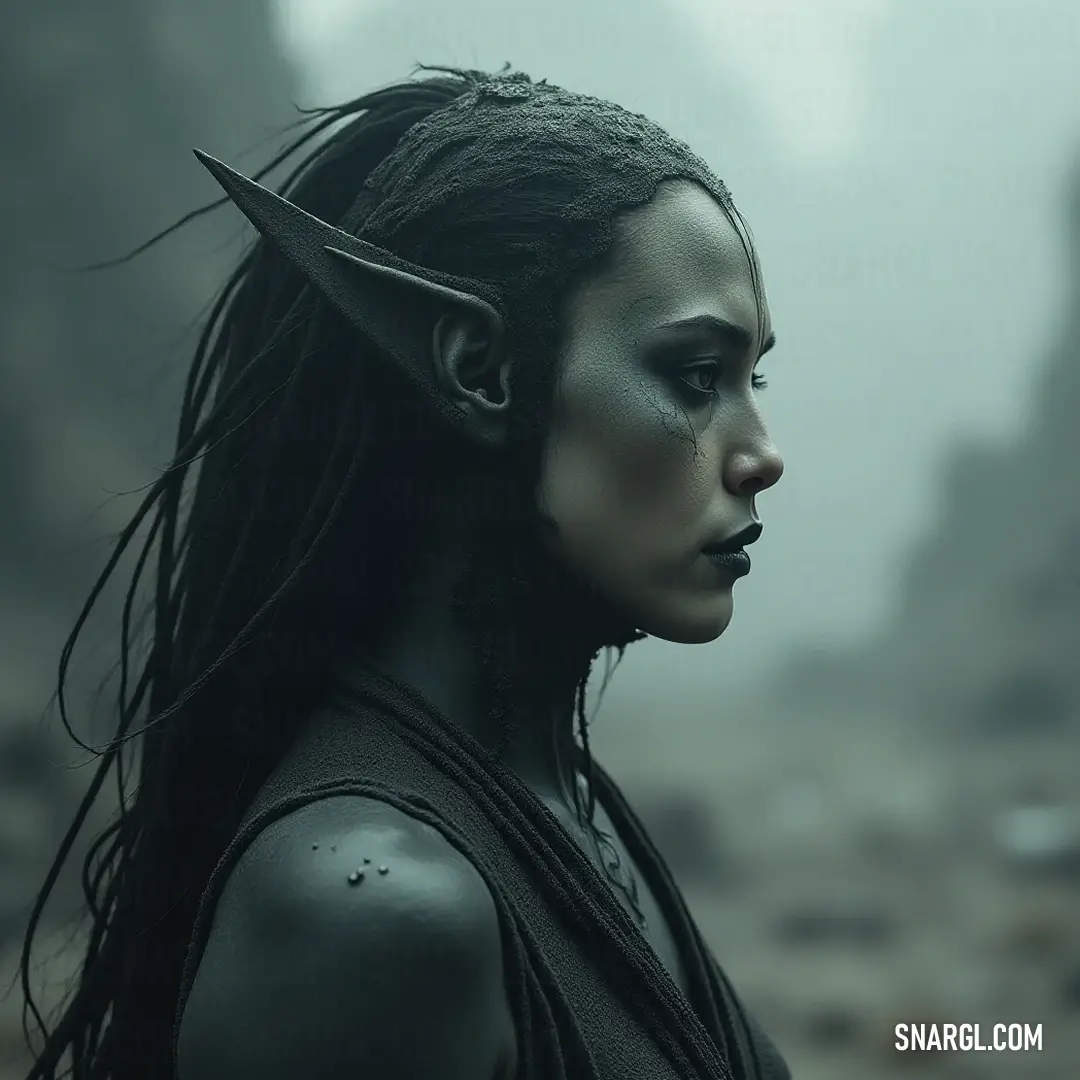 A captivating figure with horns and dramatic makeup looks into the misty distance, blending seamlessly with a mystical mountain backdrop. A striking figure with expressive horns and bold black makeup gazes pensively into the distance, set against a fog-laden landscape adorned with majestic mountains, reflecting a deep connection to the wild.