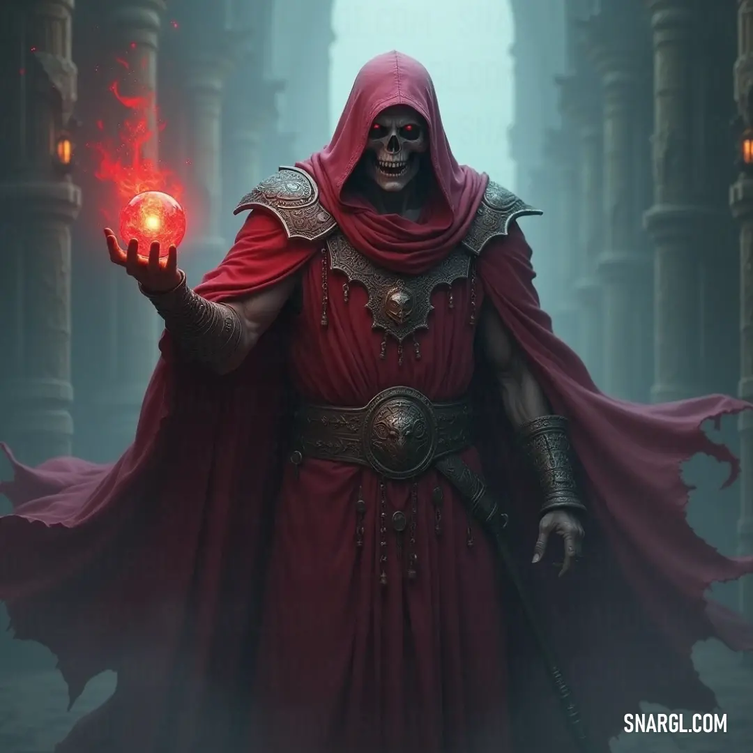 A mysterious Lich in a flowing red cloak, illuminated by a glowing orb he holds aloft, stands menacingly in a shadowy alleyway, with a ghostly aura that hints at the dark powers that dwell within him.