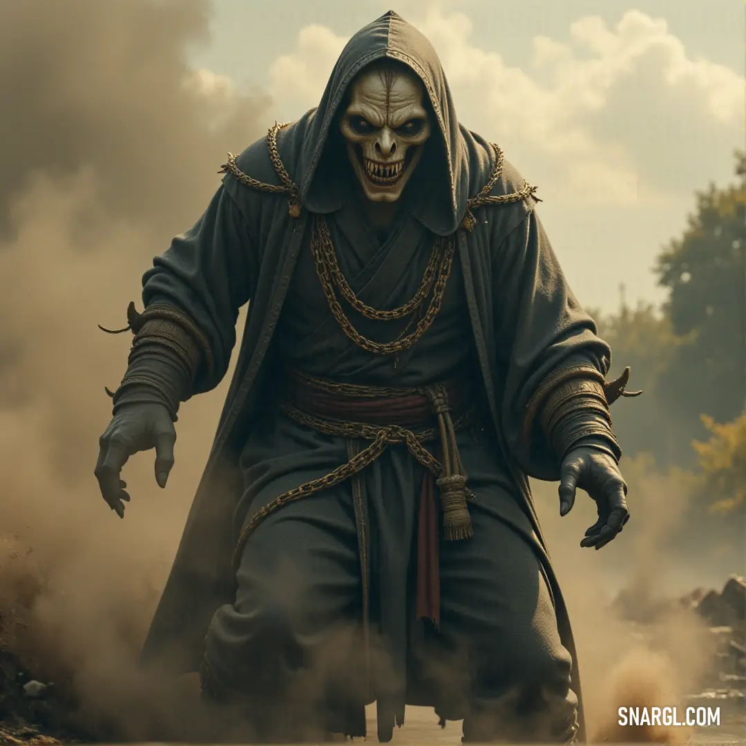 The lich walks solemnly through the fog-covered field, his hood obscuring his face. The smoke rises like spirits whispering, as the trees stand silent witnesses to his dark journey. A tall lich, draped in a dark hooded robe, strides through a dense field of smoke, his presence commanding the eerie atmosphere. Shadows dance around his figure as twisted trees loom in the background, hiding ancient secrets.