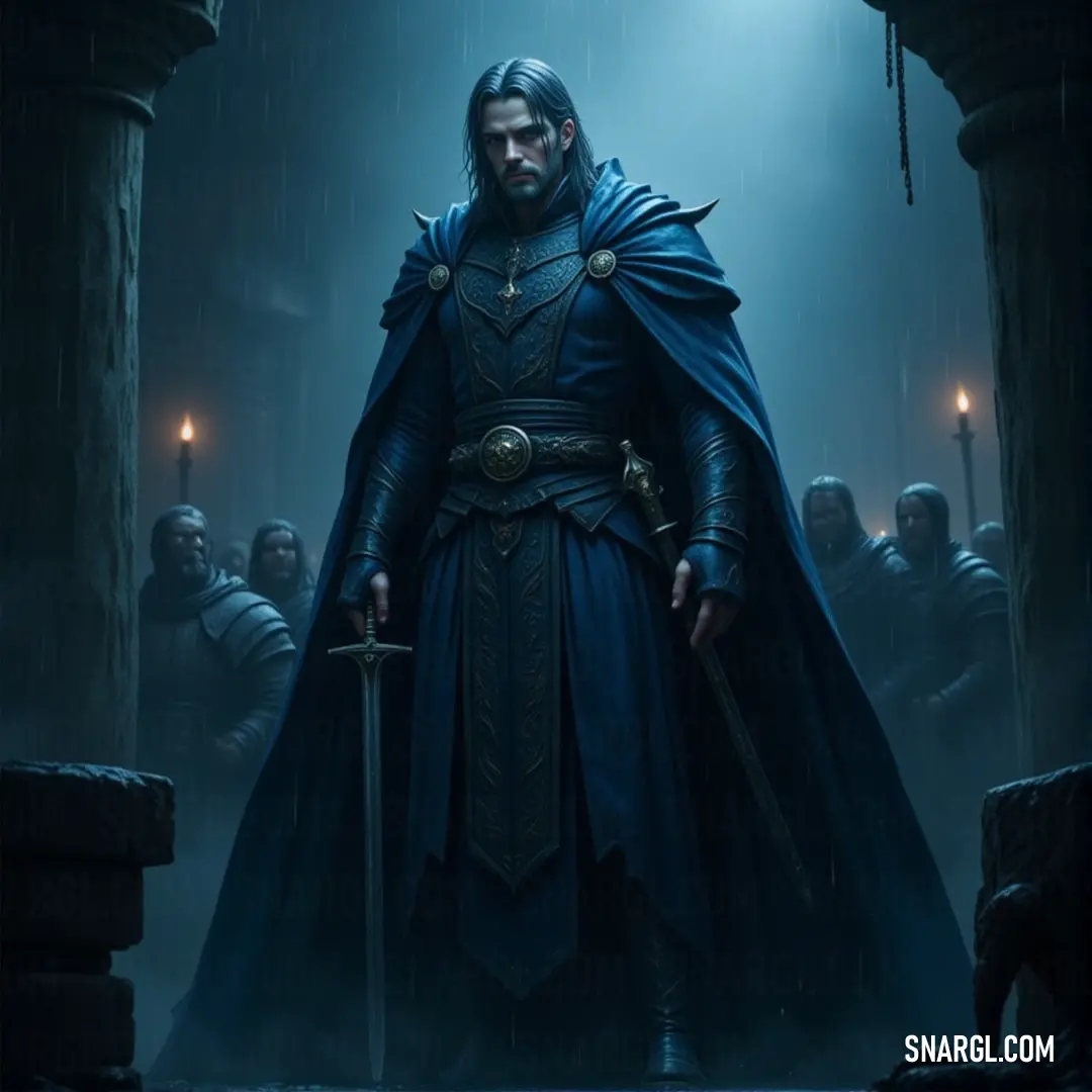 In the heart of a shadowy chamber, the Lich King, draped in a dark blue cloak, grips his sword with authority, as an ominous group of figures stands in the background. The Lich King, dressed in an imposing blue cloak and cape, stands tall in a dark, dimly lit room. His sword is gripped tightly in one hand, while a group of mysterious figures can be seen in the background, adding an air of menace to the scene.