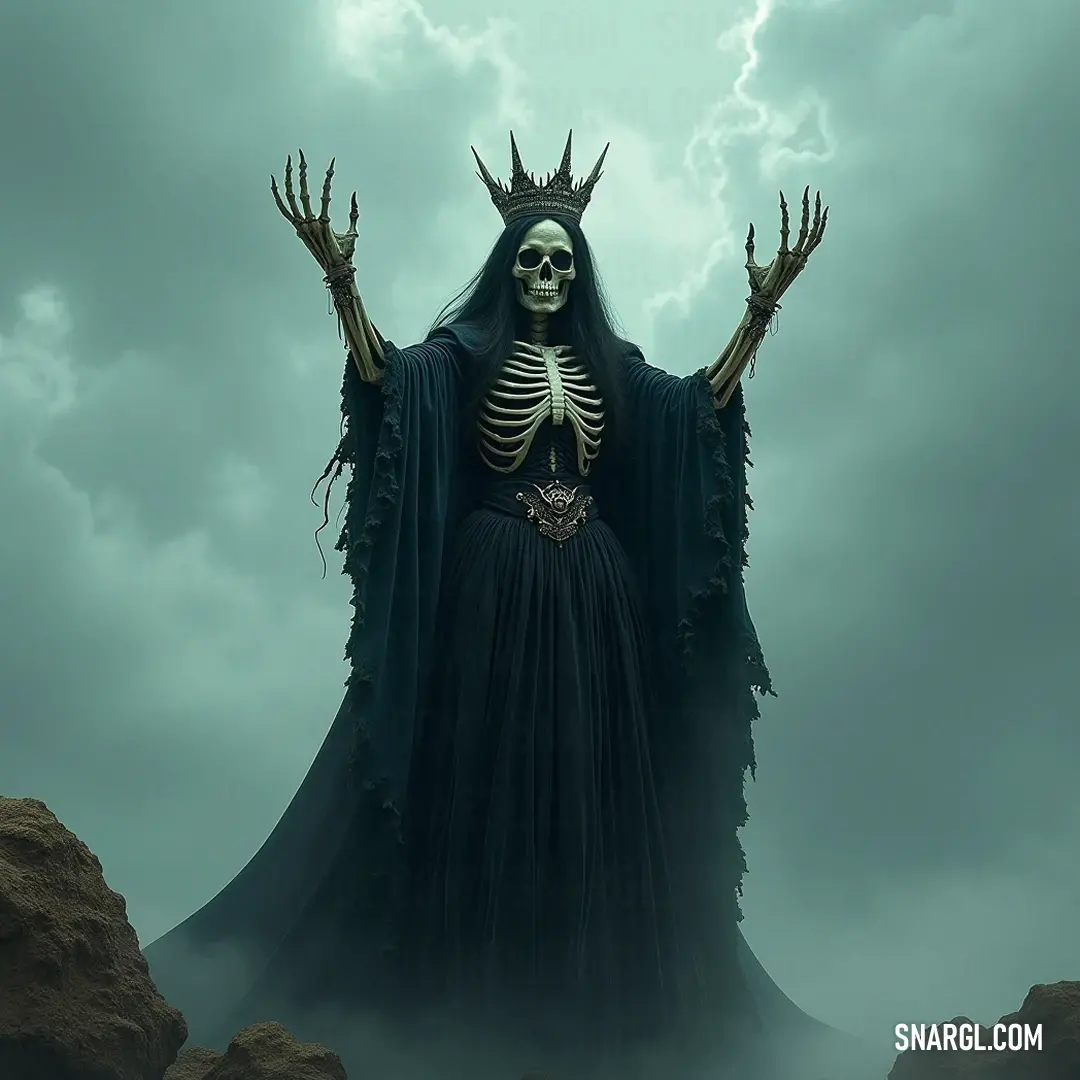 An ethereal Lich Queen cloaked in black, crowned in majesty, embodies both regal power and haunting beauty in a dance with the dark. A luminous Lich Queen in an elegant black gown commands the darkness, her regal crown glinting as she raises her hands, evoking a chilling blend of power and grace that commands the very shadows around her.