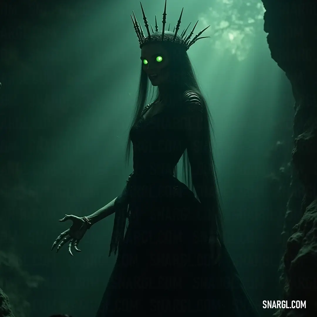 The majestic Lich Queen adorned with a radiant crown, emanating a haunting glow from her eyes, surrounded by the mysterious shadows of a cave harboring untold relics of the past. An ethereal Lich Queen crowned with a shimmering diadem, her glowing eyes casting an otherworldly light in a shadowy cavern, where the darkness dances around her, hinting at ancient secrets and dark power yet to be revealed.
