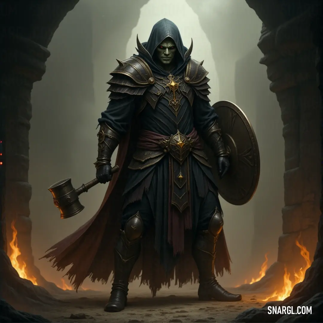 In the heart of a fiery cave, the Lich Sorcerer wields his axe and shield with lethal precision. Cloaked in darkness and adorned with a gleaming helmet, he is an embodiment of death and destruction. A Lich Sorcerer, armored in black, stands tall in a cave surrounded by flickering flames. Holding a large axe and a shield, his helmet gleams with a cold, eerie light, while his presence exudes an ancient, terrifying power.