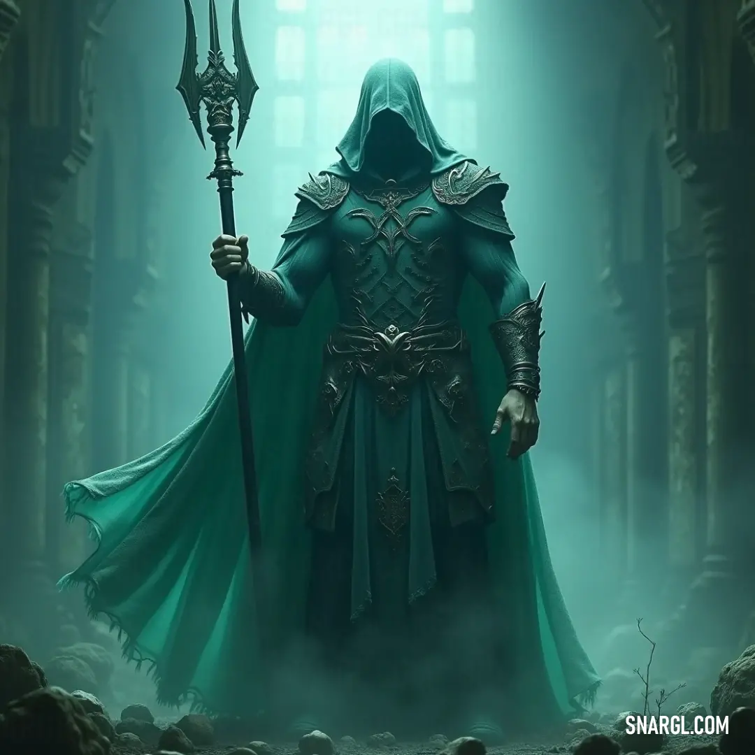 Lich in a green cloak, holding a sceptacle, surrounded by an aura of ancient power and mystery. A mysterious Lich, clad in a flowing green cloak, holds a dark sceptacle with an air of ominous power. The cloak sways as if caught in an unseen wind, hinting at the magic it conceals.