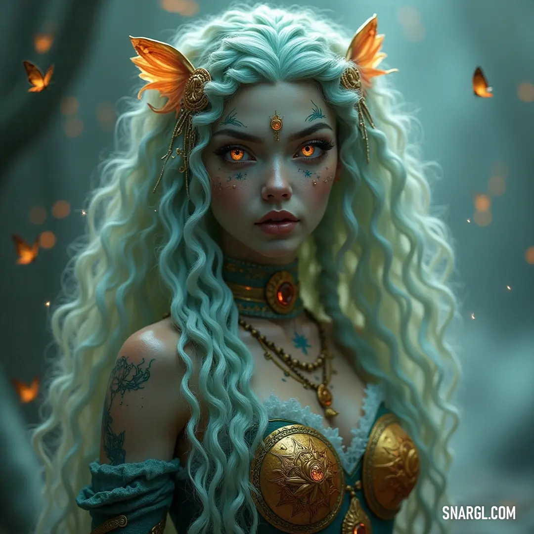 Ligeia, the celestial guardian, adorned with shimmering wings and treasures. Adorned with stunning wings and a gleaming gold necklace, Ligeia's blue hair cascades like a waterfall. This enchanting figure captivates with her ethereal elegance, embodying the essence of the heavens.