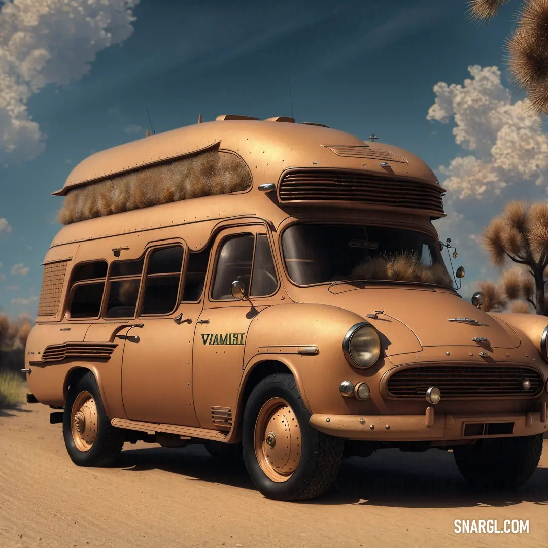 Bus is parked in the desert with a sky background