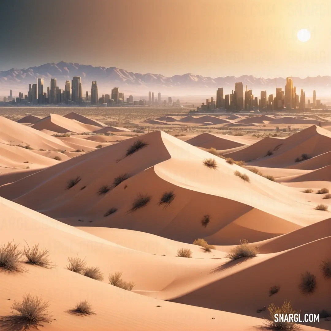 Desert with a city in the distance and sand dunes in the foreground with grass growing on the ground. Example of CMYK 0,16,30,1 color.