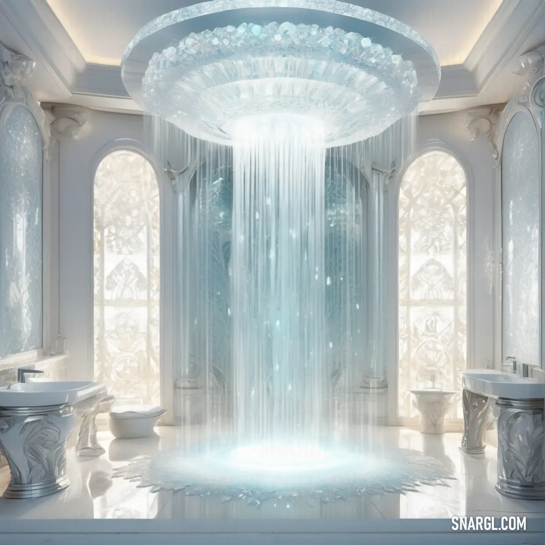 Bathroom with a fountain and two sinks in it and a window in the background. Color CMYK 25,6,0,10.