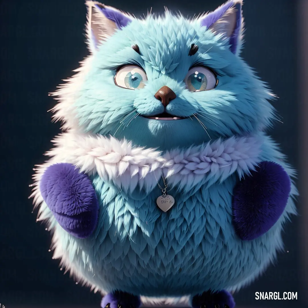 Blue cat with a purple collar and a heart on its chest and a necklace on its neck