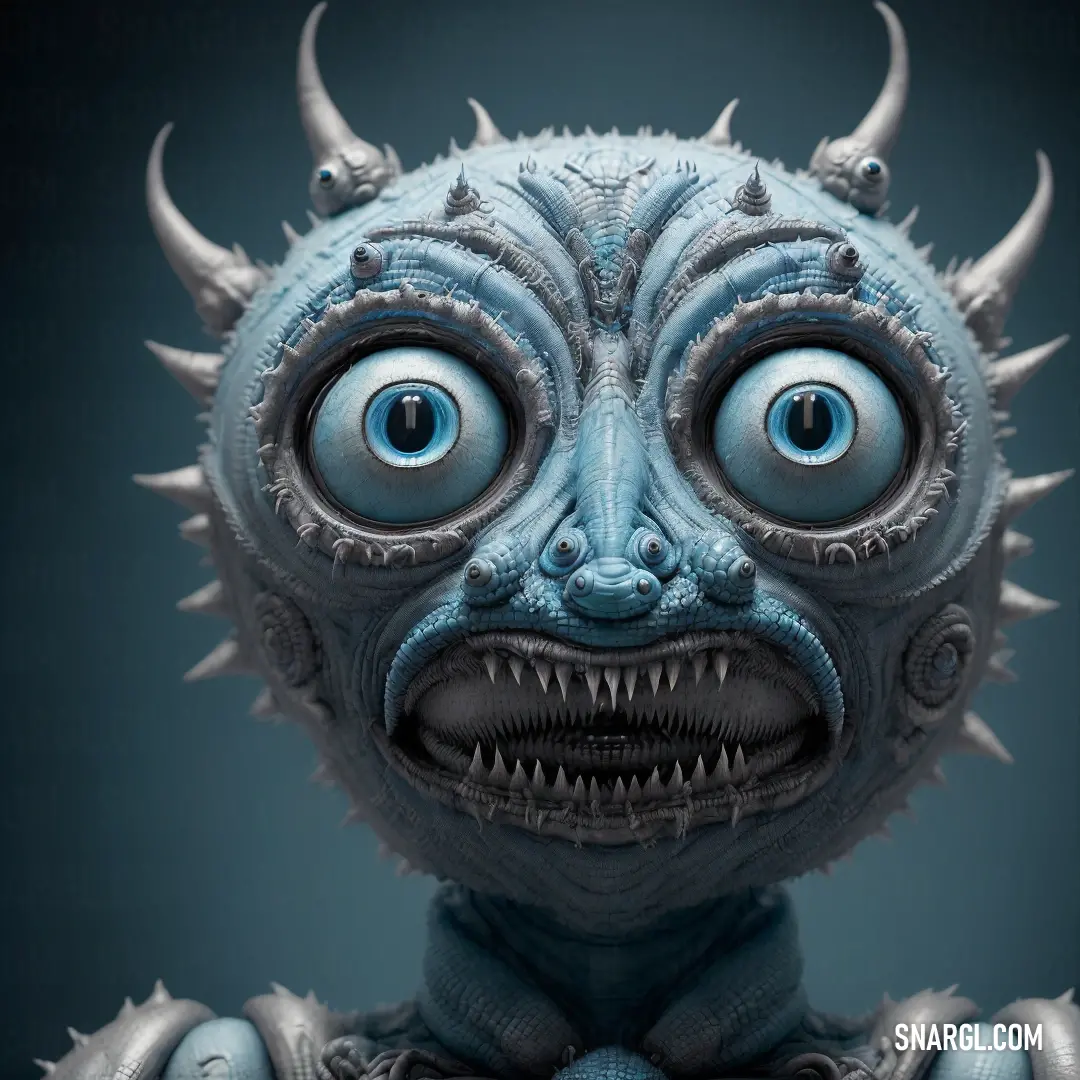 Blue creature with horns and a big nose with big eyes and a weird look on its face