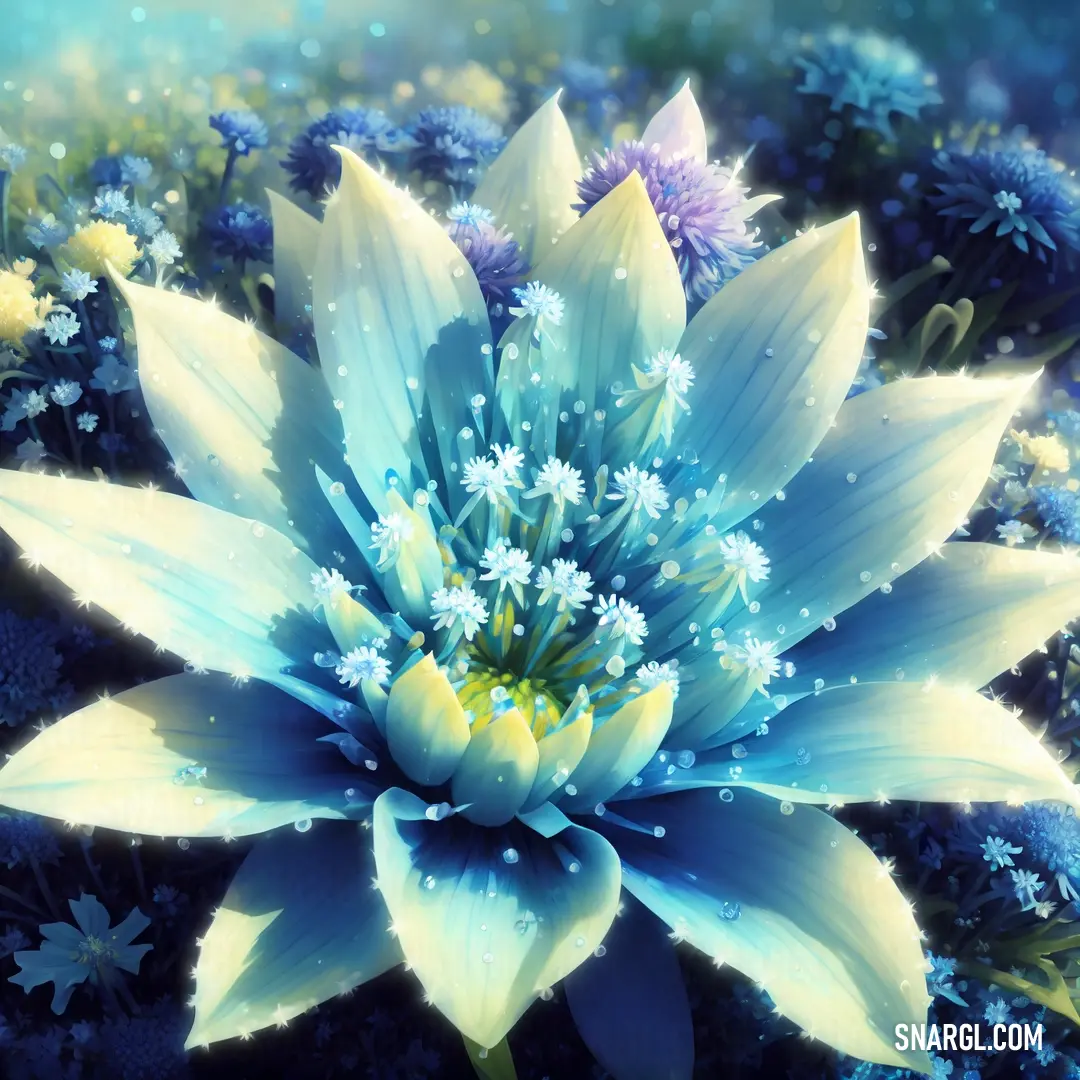 Blue flower with white flowers in the middle of it and water droplets on it's petals