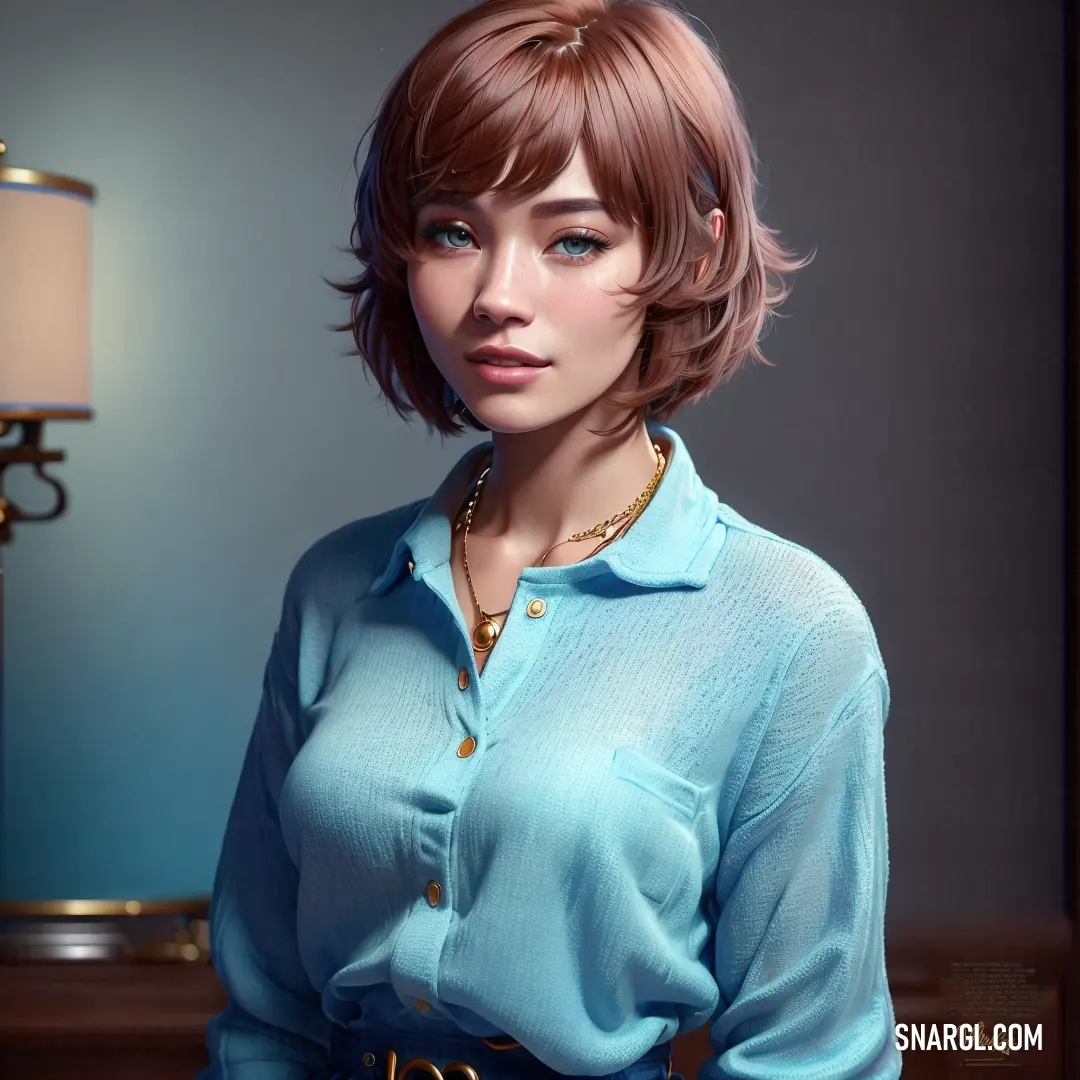 Woman with a blue shirt and a gold necklace is standing in a room with a lamp