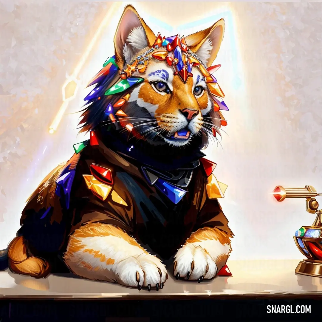 Cat with a christmas light on its head on a table next to a lamp