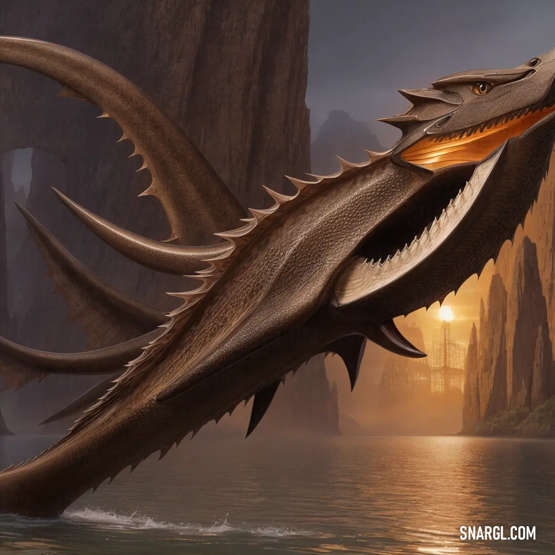 Dragon with its mouth open and its tongue out in the water near a mountain range with a river