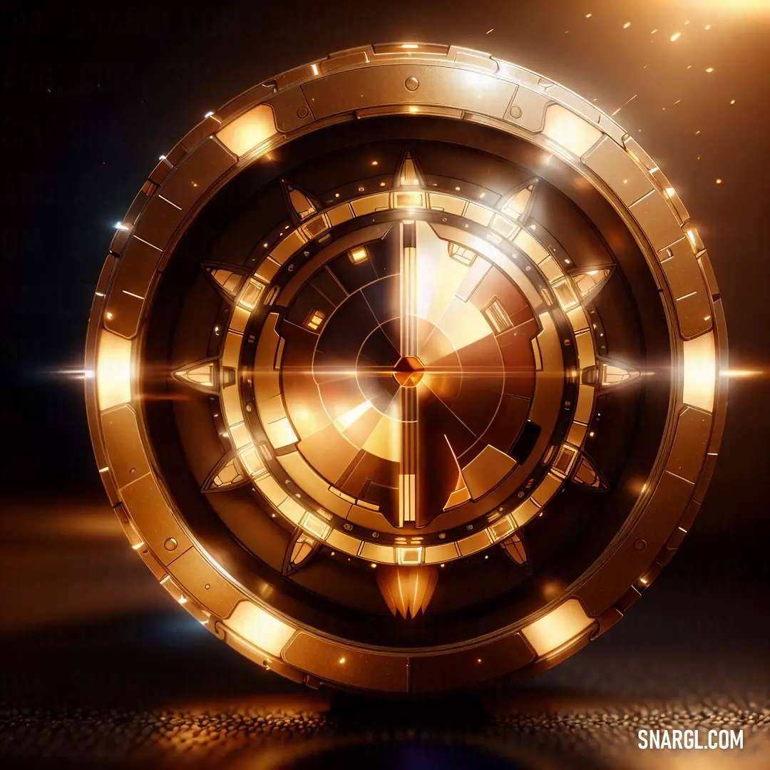 Golden circular object with a star in the middle of it on a dark background with a light effect
