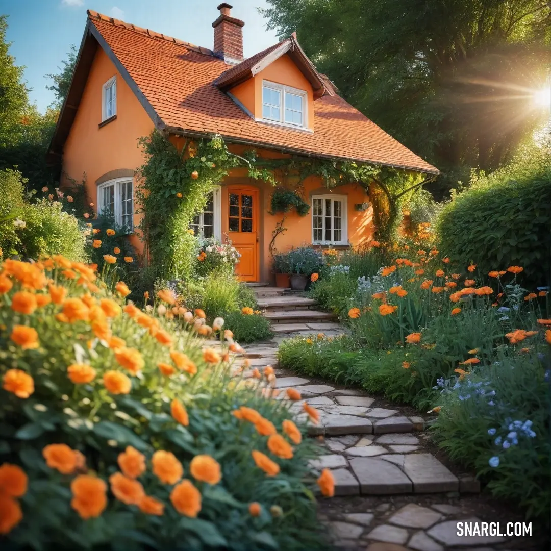 House with a garden of flowers and a path leading to it and a stone walkway leading to the front door. Example of Light brown color.