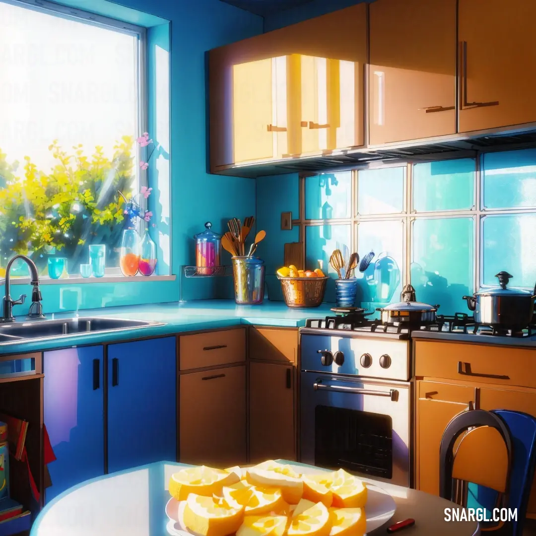 Kitchen with a stove top oven and a table with fruit on it and a window with flowers outside. Example of CMYK 0,44,84,29 color.