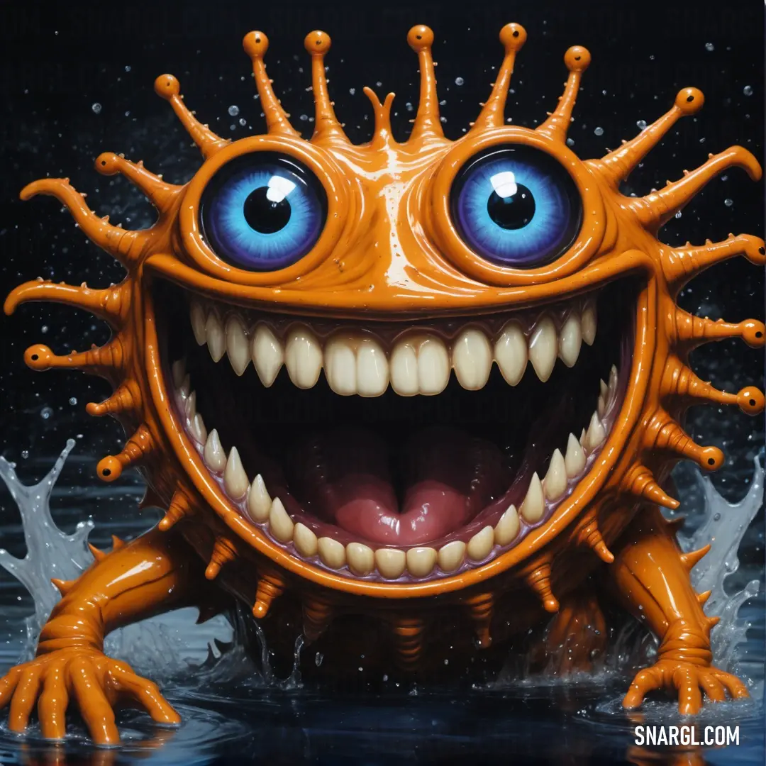 Close up of a toy with a face and eyes on it's body and a splash of water. Example of #B5651D color.