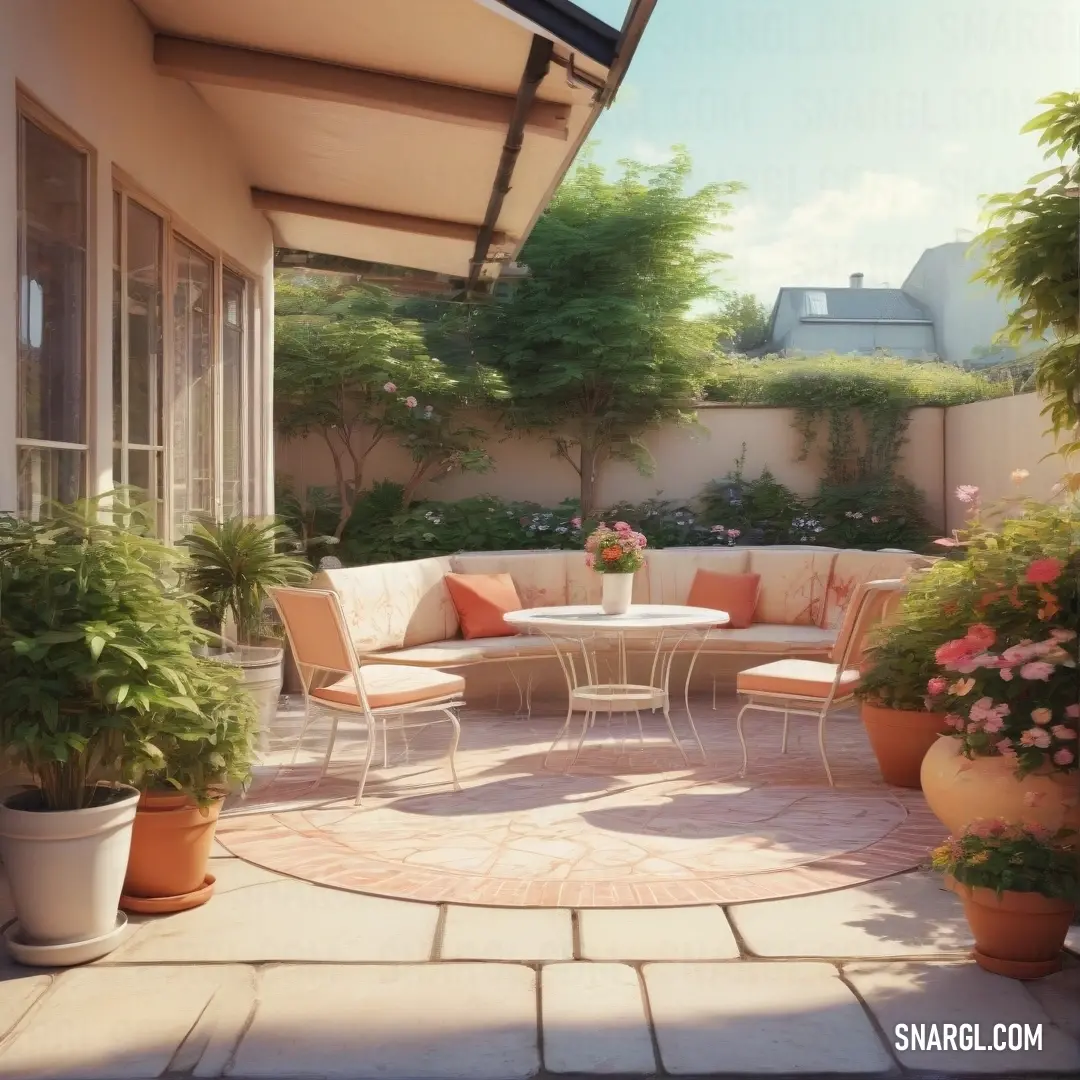 Patio with a table and chairs and potted plants on the side of it. Color RGB 181,101,29.