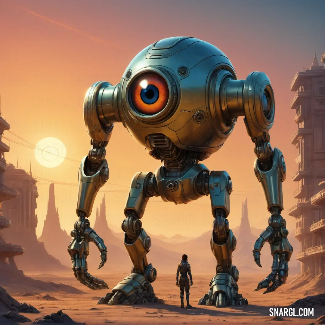 Robot standing in a desert with a man standing next to it in front of a sunset sky