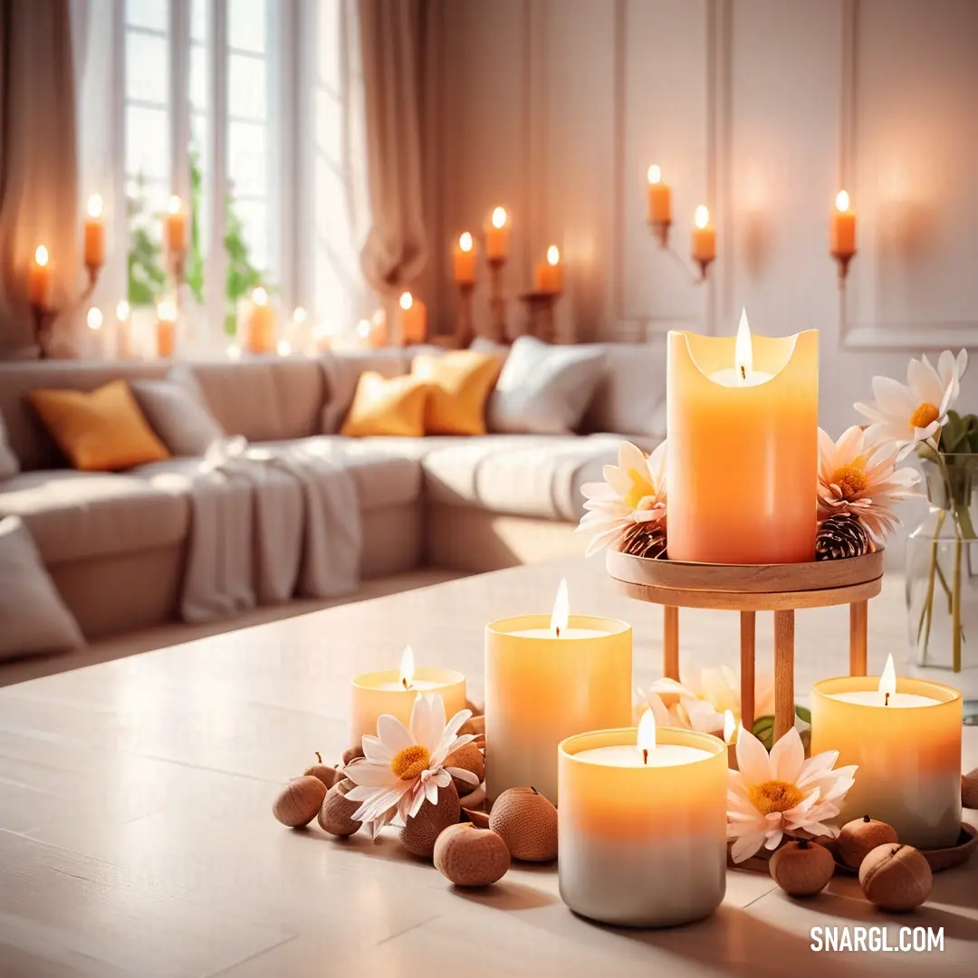 Table with candles and flowers on it in a living room setting with a couch in the background. Example of RGB 181,101,29 color.