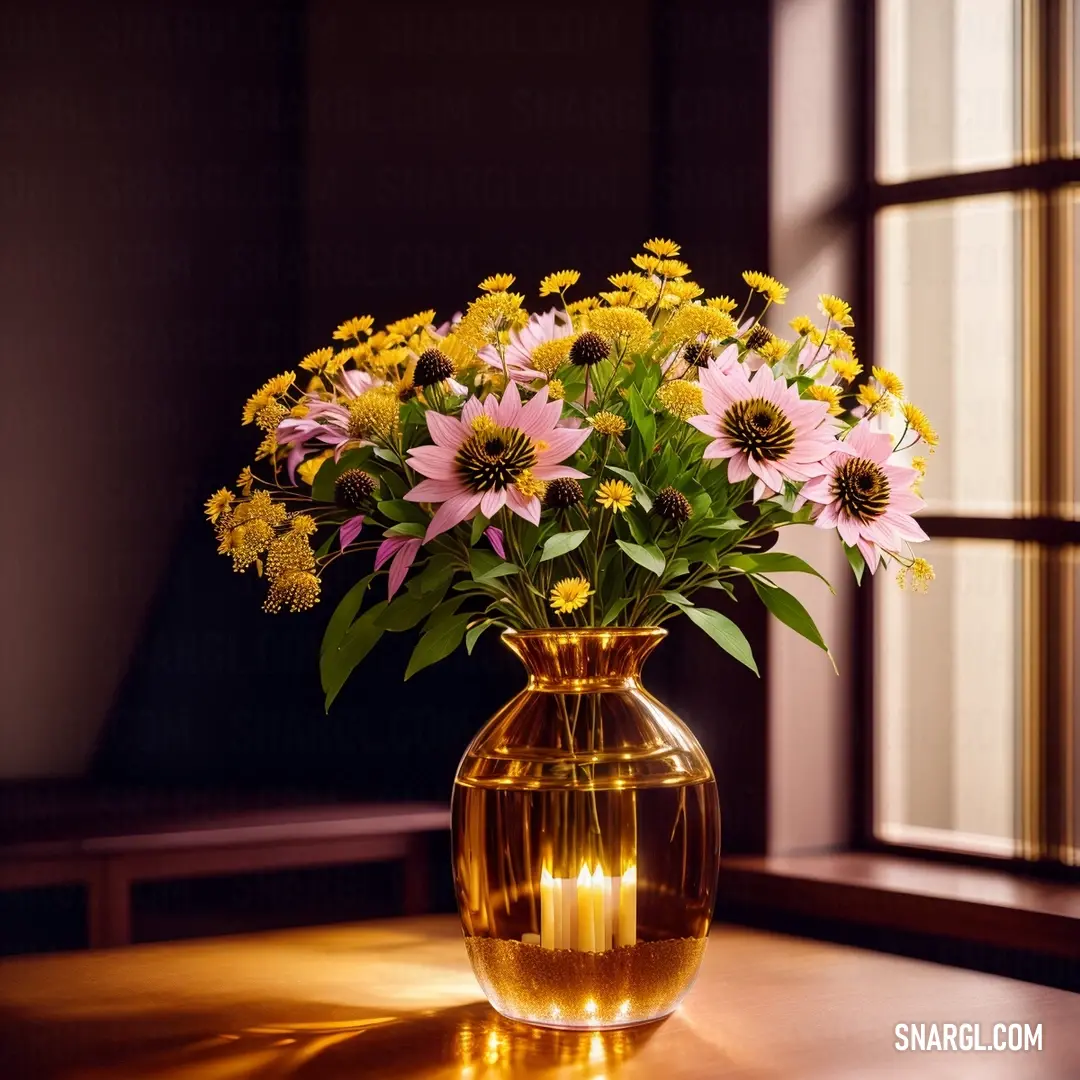 Vase filled with lots of flowers on a table next to a window sill with a lit candle. Color Light brown.