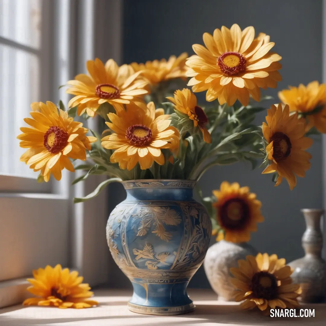 Light brown color example: Vase filled with yellow flowers on top of a table next to vases of flowers and vases
