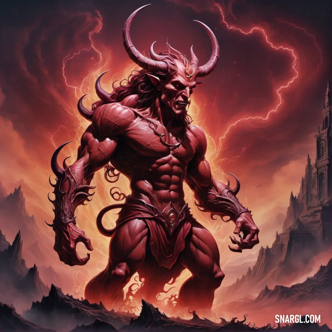 Demonic demon with horns and horns on his head standing in front of a castle with a lightning behind him. Example of Light carmine pink color.