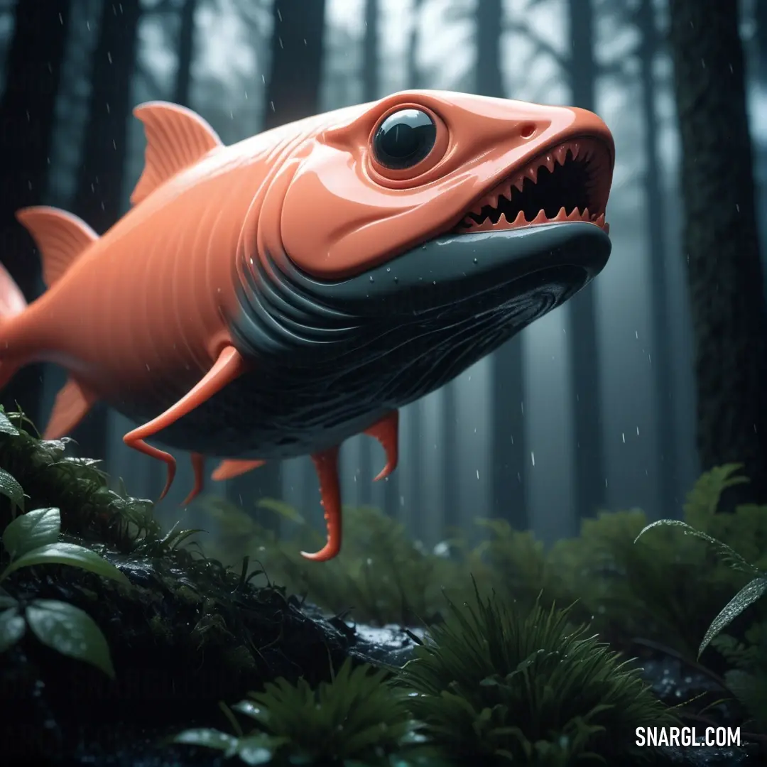 Fish with a mouth open in the woods with a light on it's side and a tree in the background. Example of #E66771 color.