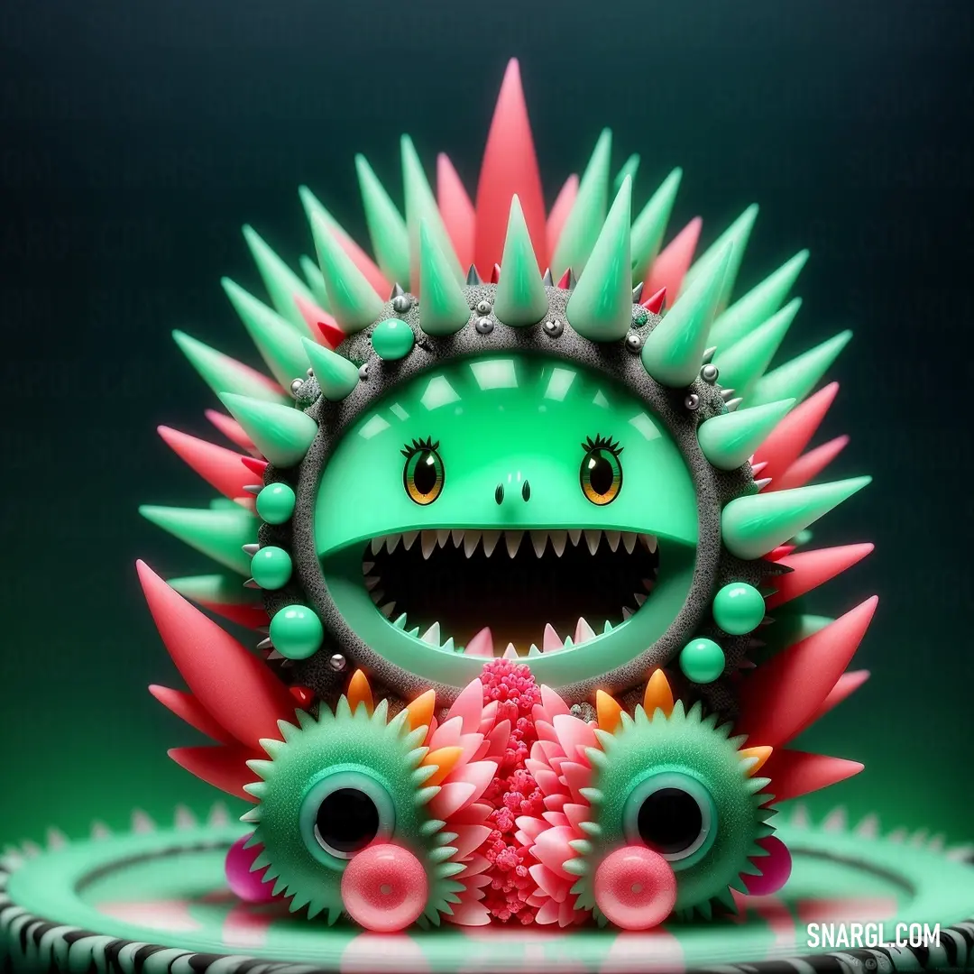 Green toy with spikes and spikes on it's head and eyes