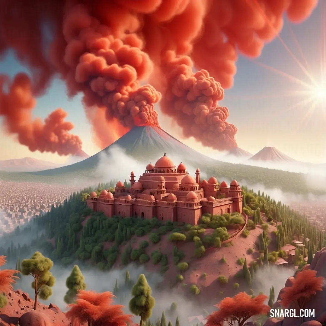 Painting of a castle on a hill with a mountain in the background. Color Light carmine pink.