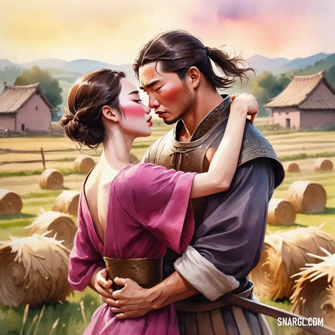 Painting of a man and woman kissing in a field of hay bales with a sunset in the background. Example of CMYK 0,55,51,10 color.