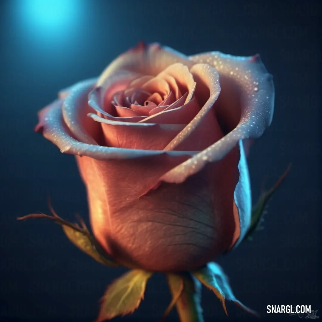 Single rose with water droplets on it's petals and a blue background. Color CMYK 0,55,51,10.