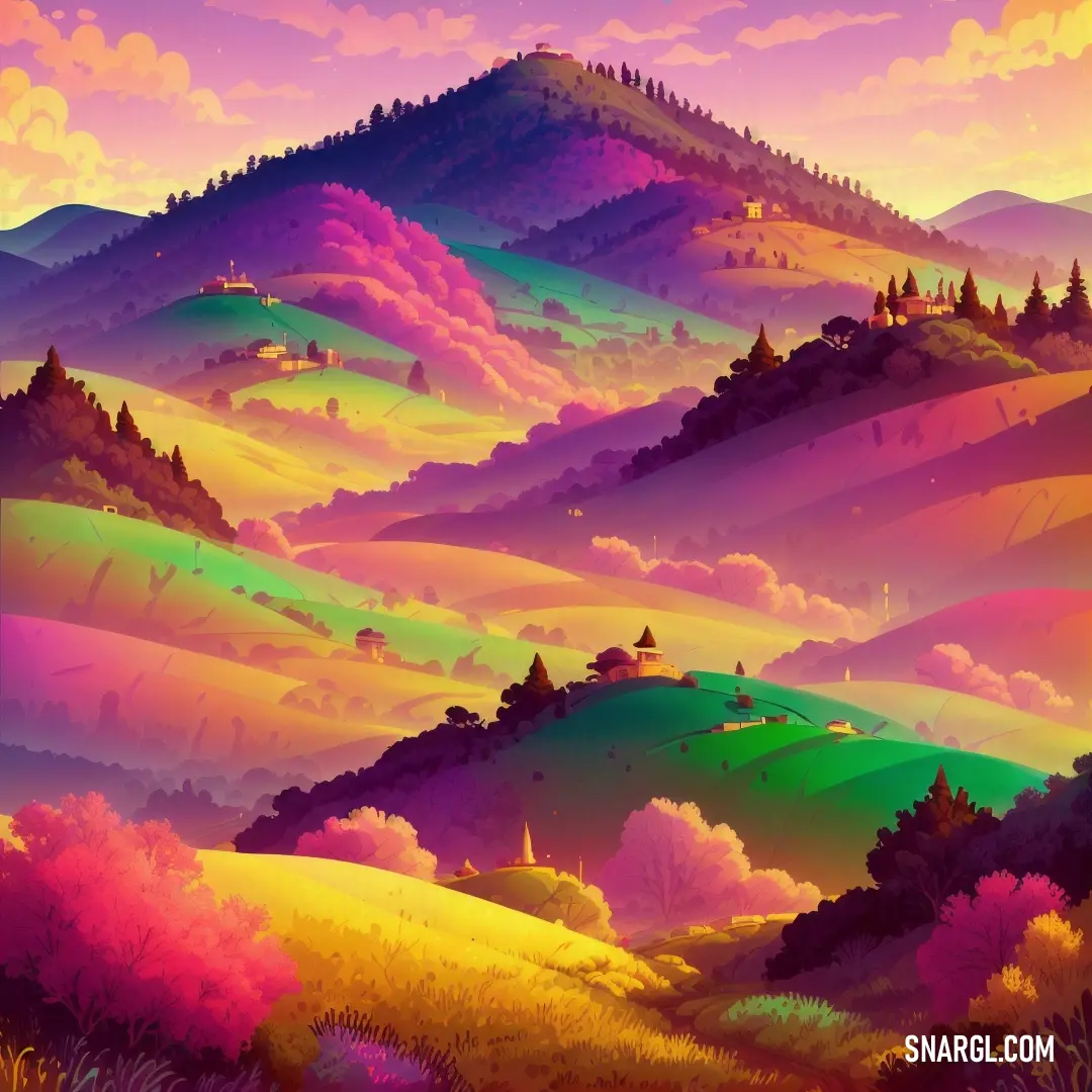 Painting of a mountain landscape with trees and hills in the background at sunset or sunrise or sunset