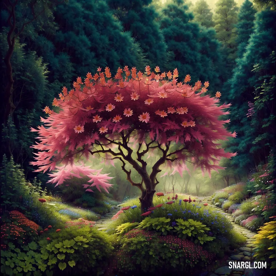 Painting of a tree with pink flowers in the middle of a forest with a path leading to it