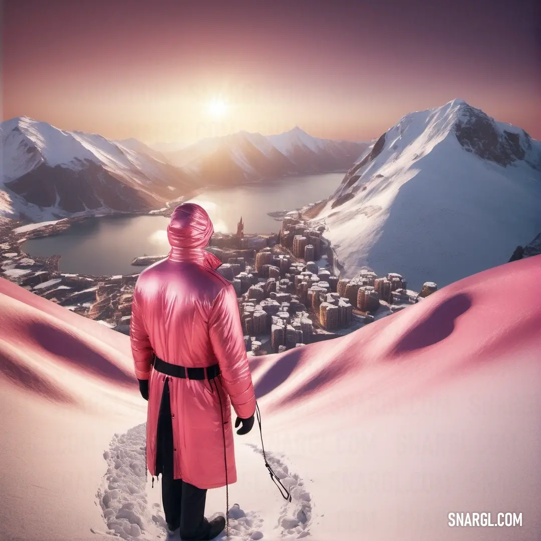 Person in a pink coat is standing in the snow with a city in the background. Example of Light carmine pink color.