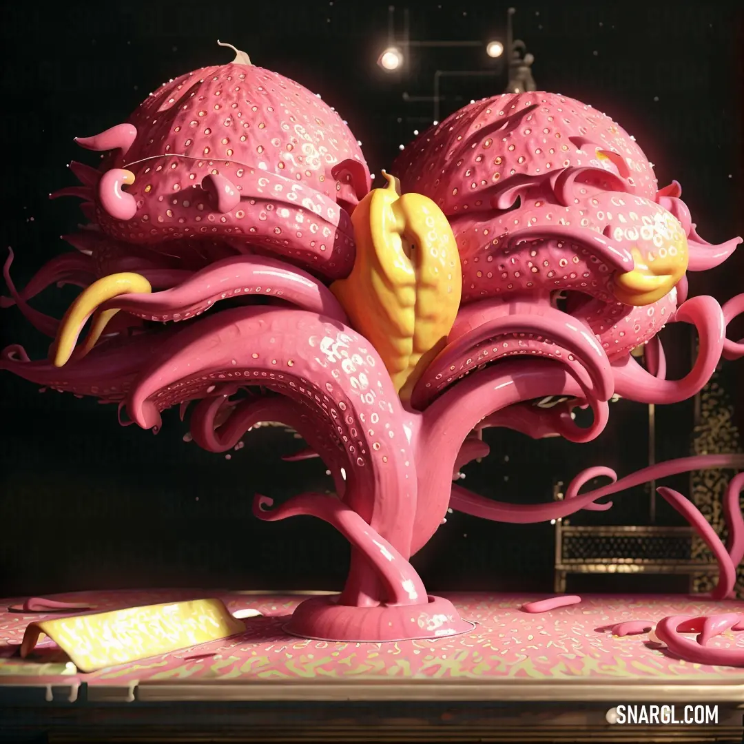 Pink sculpture with yellow accents on a stage with a microphone in the background