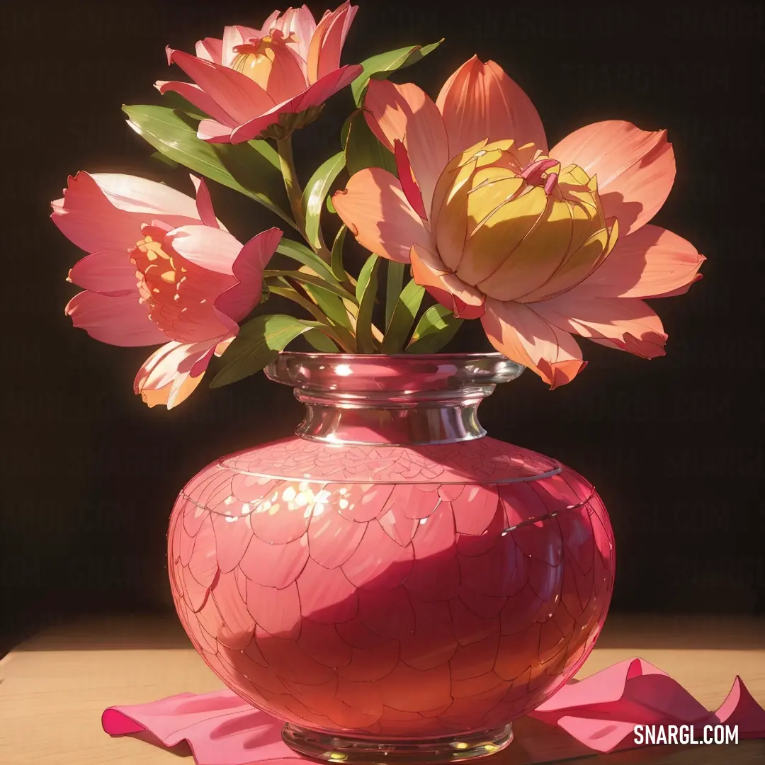 Pink vase with flowers in it on a table with pink petals on the ground and a black background