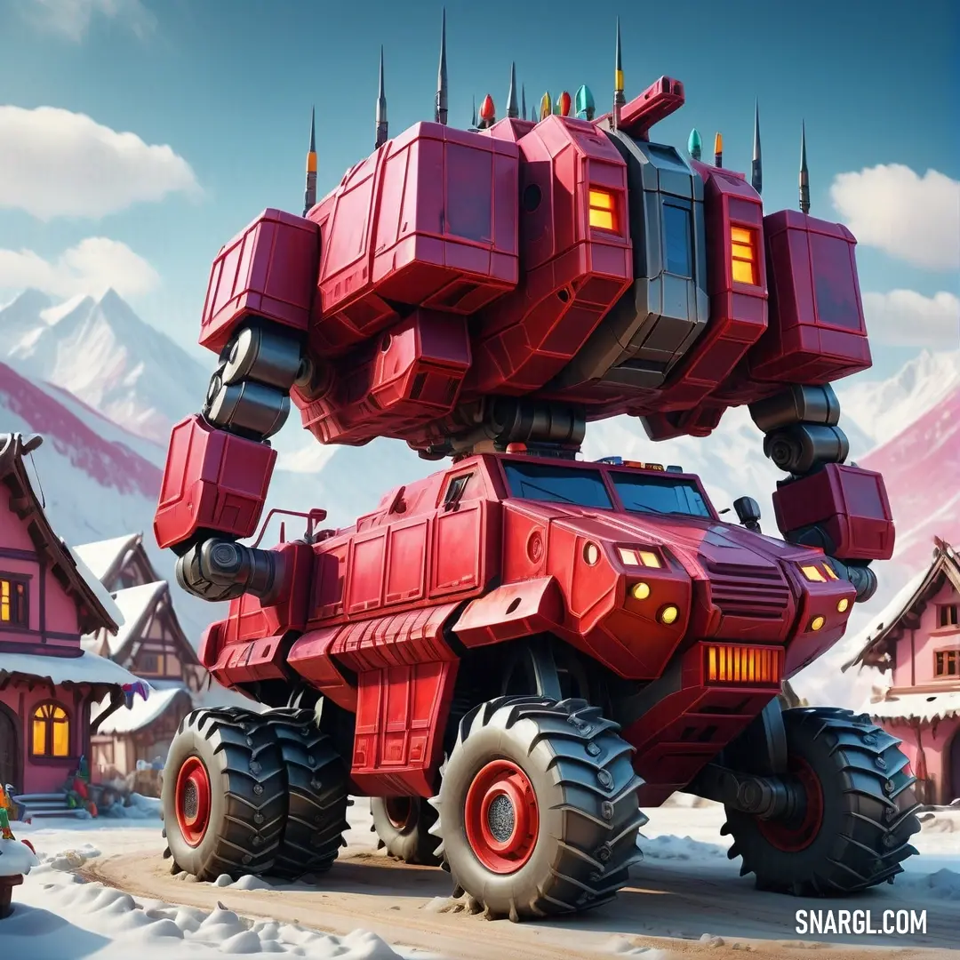 Red vehicle with large wheels and large tires in front of a snowy mountain landscape with houses and mountains