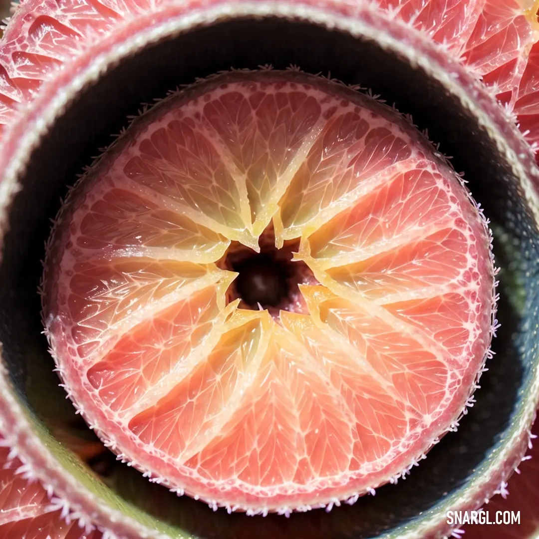 Close up of a grapefruit cut in half with a black center piece