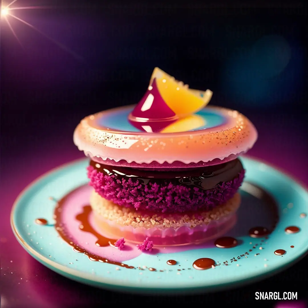 Colorful dessert is on a blue plate with a purple and blue edge and a pink