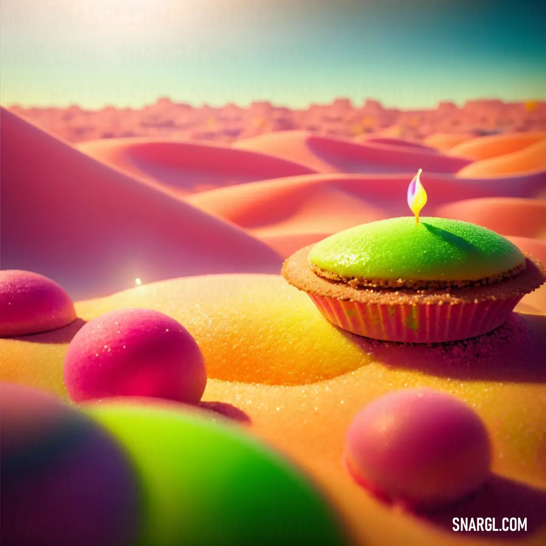 Cupcake with a candle on top of it in the desert with colorful balls around it and a bright sky