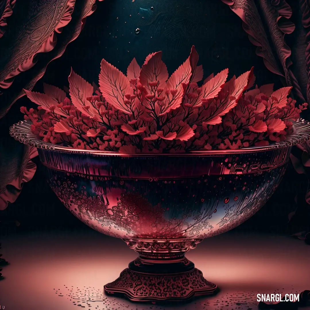 Large bowl of flowers is on a table with a curtain behind it and water droplets on the floor