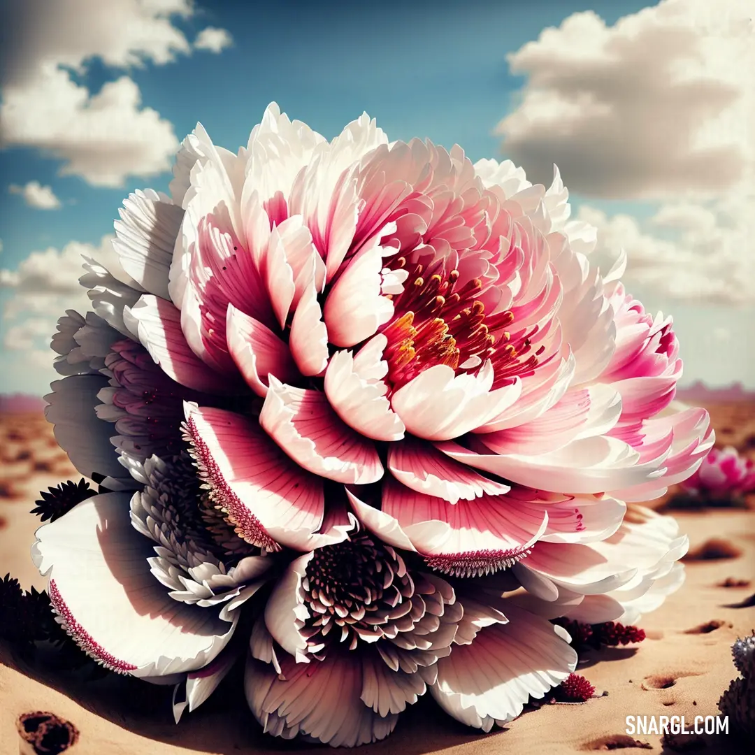 Large pink flower on top of a sandy beach next to a blue sky with clouds in the background